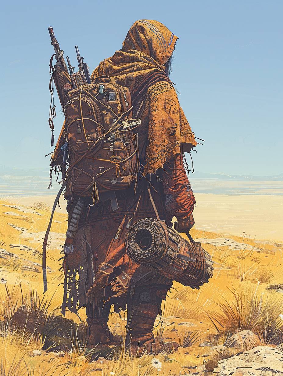 Concept art for a cyberpunk shaman wearing a cowboy hat. Over his shoulder he carries a rugged army backpack. His clothes and the backpack are patched with patterns of traditional Dakota textile designs.