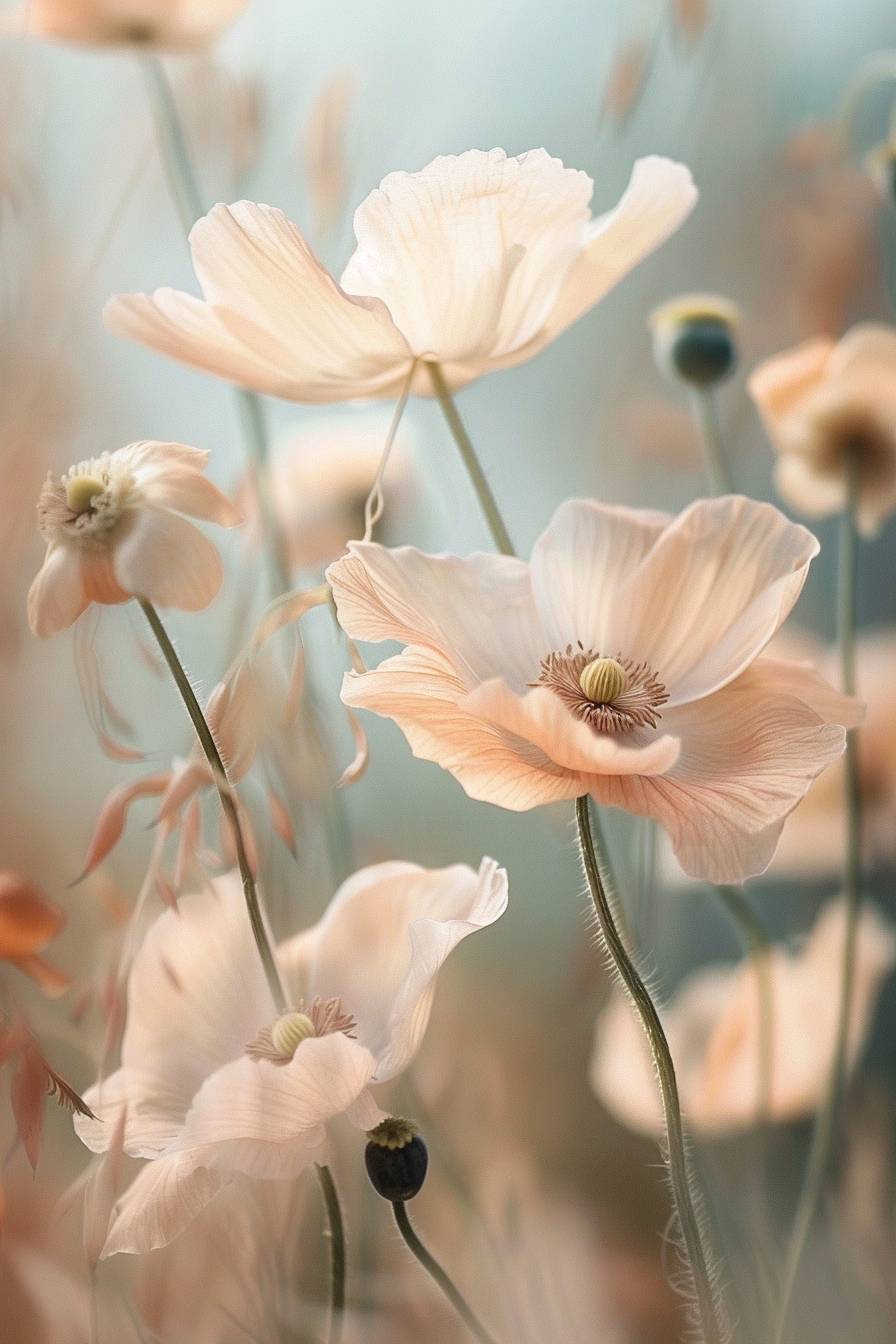 Soft pastel beige flowers in field, painting, macro