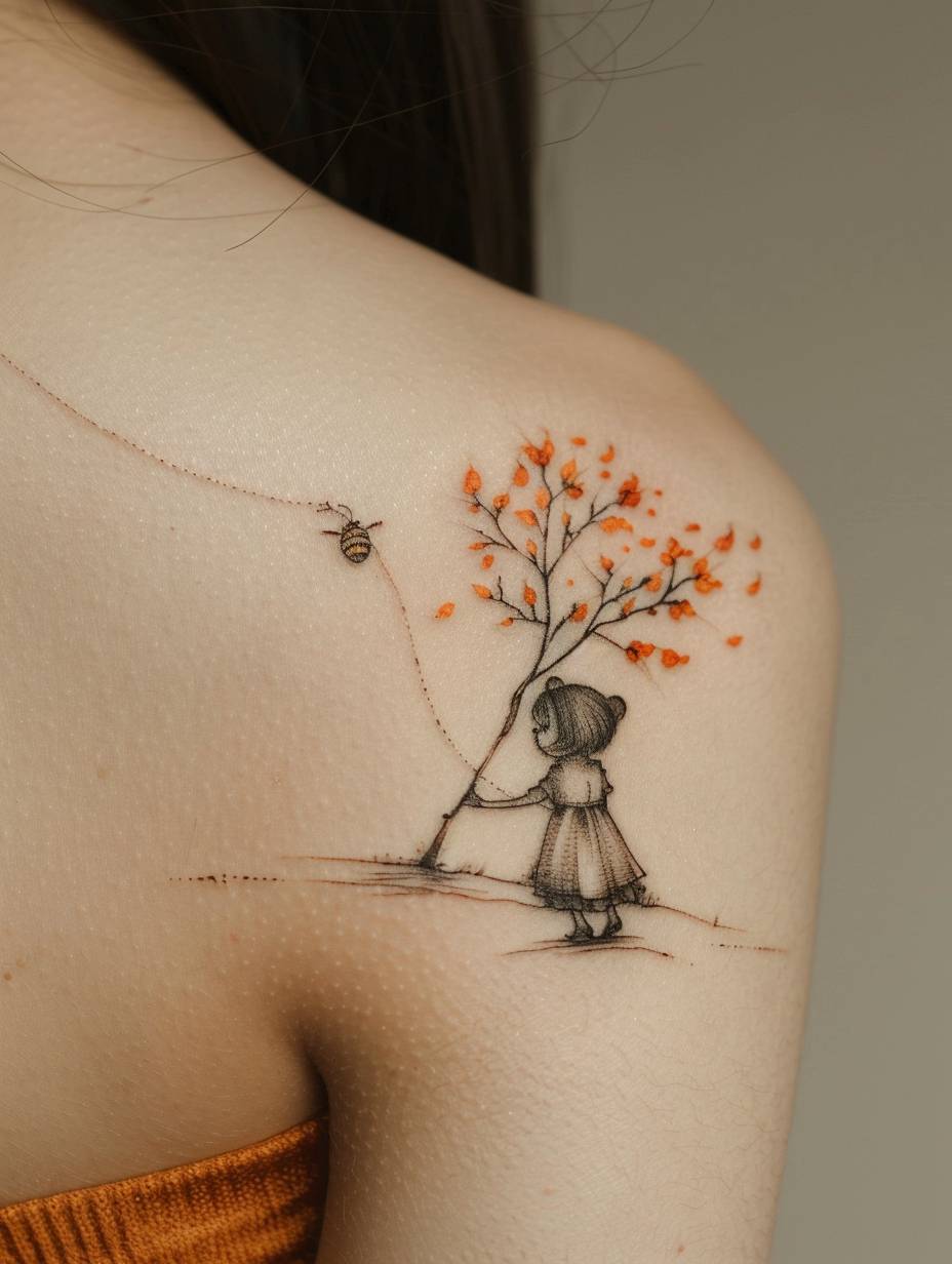 Girl's shoulder, clean and white skin, a tiny tattoo, a cute baby bear and honey tattoo, stick figure, simple, color image, beautiful light, close-up, photo style
