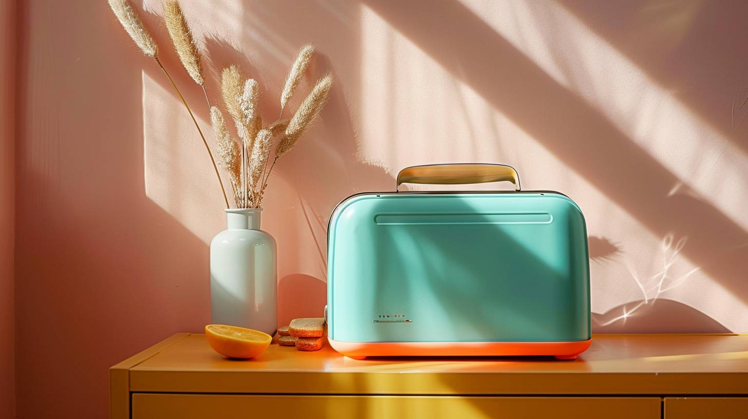 Product photo of a minimalistic, color blocking toaster