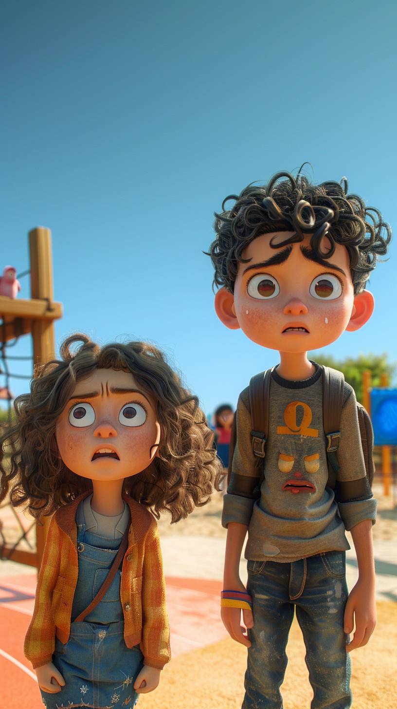 Long distance wide angle view, front view, a brave girl stands in front of a sad young boy. The boy has a very round curly haircut and they are at the playground at school. Cartoon characters in the style of 3D Disney Pixar animation, 8k, 3D style, 3D art
