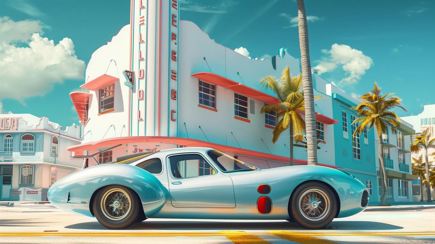 Photo of a sports car, art deco building in the background, pastel colors