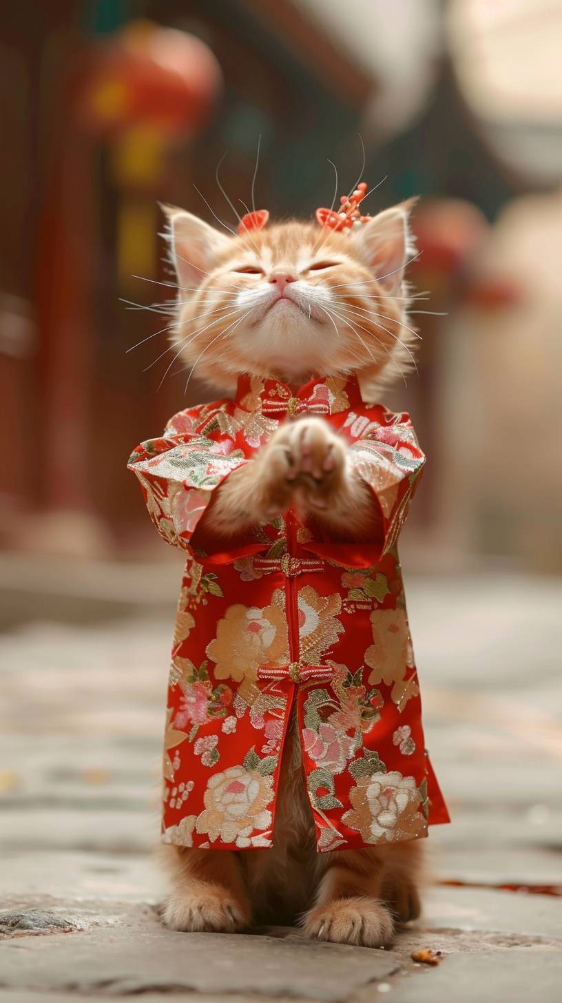 A humanoid kitty cat, standing on two feet and smiling at the camera, full body photo, Chinese Dresses for Women, very funny, standing pose, background is quite blurred, background is very hazy, video footage from Tiktok