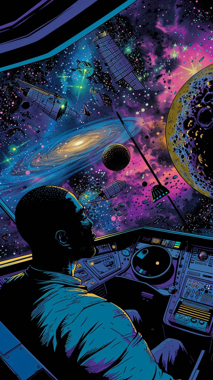 Retrowave, comic book style, comics, comic strip panel, Philippe Caza, Rodney Matthews, afrofuturism, entropy, inside of a spaceship looking out as the stars and galaxies go by, navigating through an asteroid field, turbulence, cosmic chaos, black people space crew, colorful, blacklight colors, black outline, 300 dpi