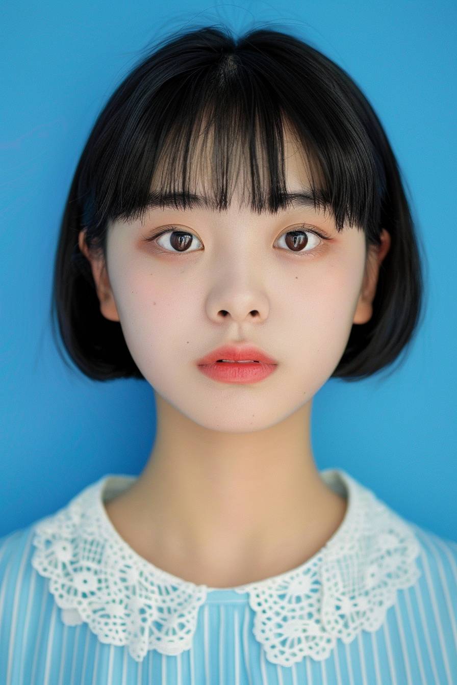 ID写真、青い背景、フルフェイス、18歳の中国女性、黒髪、ボブカット、前髪、毛植え、大きな目、唇、卵型の顔、リアル、ヘッドアンドショルダーズ