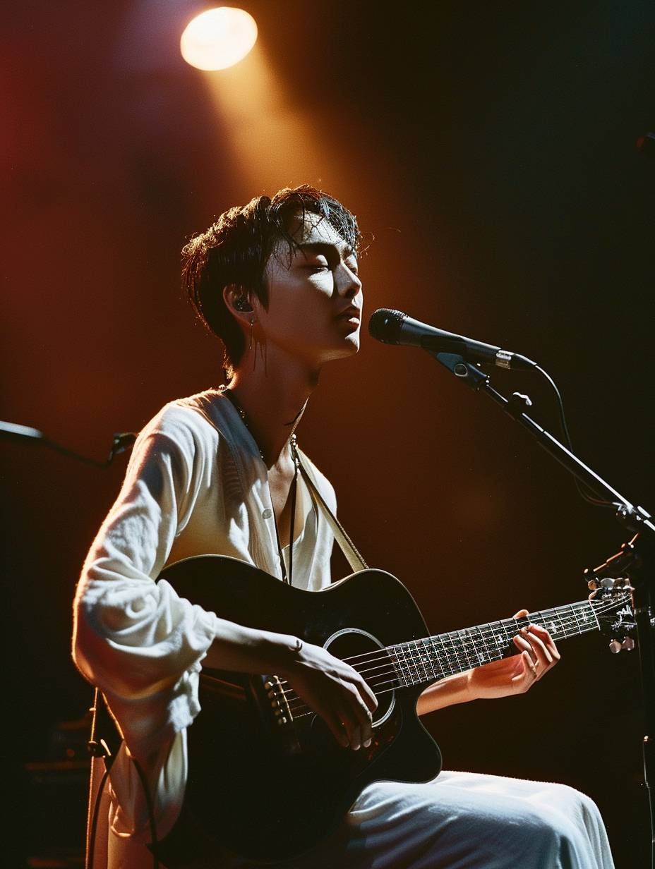 A photograph of an Asian man with short hair and a white shirt playing guitar on stage in front of a microphone. The background is dark with concert lighting, film grain, low angle shot, sitting down, side view, backlit, full body portrait, rim light, subtle smile, high contrast, symmetrical composition, shallow depth of field, sharp focus, captured in the style of concert photography.