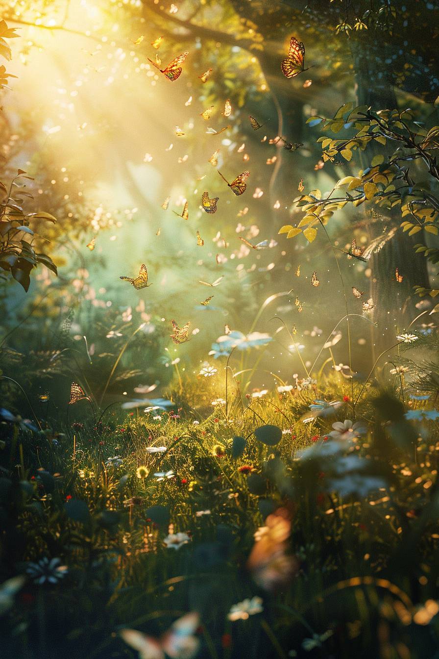 アンドレアス・レーヴァース風のスタイルで、太陽の光に照らされた草地で遊ぶ魔法の生物