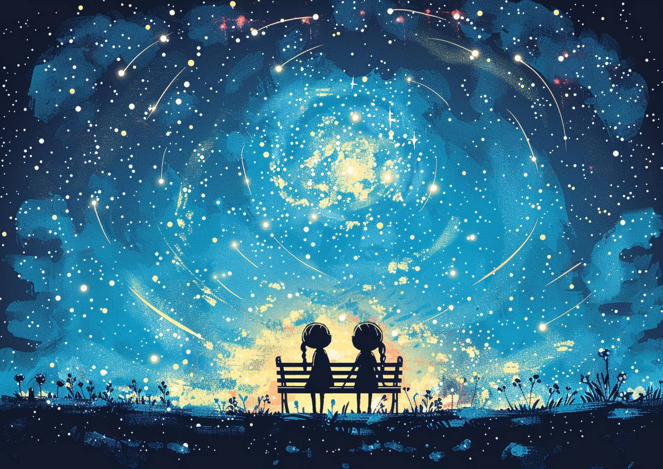 A couple silhouetted, sitting on a park bench, night sky, Milky Way, shooting stars with comet tails, tenebrism, jagged black border, strong visual flow