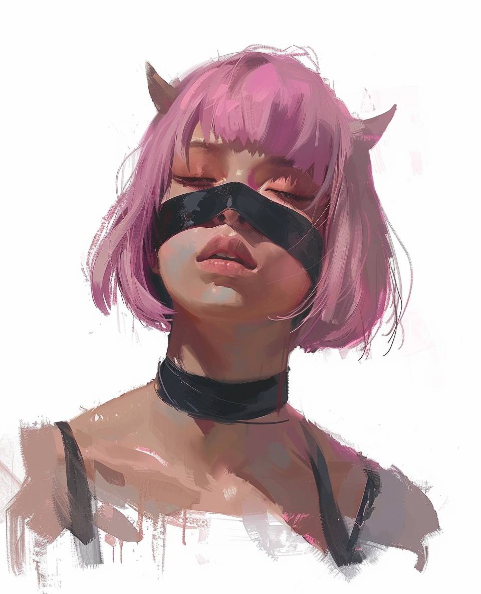 Concept art of a character, a portrait from the waist up of a young woman with pink hair in a bob cut and a black blindfold covering her eyes, she has small horns, isolated on a white background, in the style of a digital painting illustration with soft shadows, clean sharp focus, and soft natural lighting