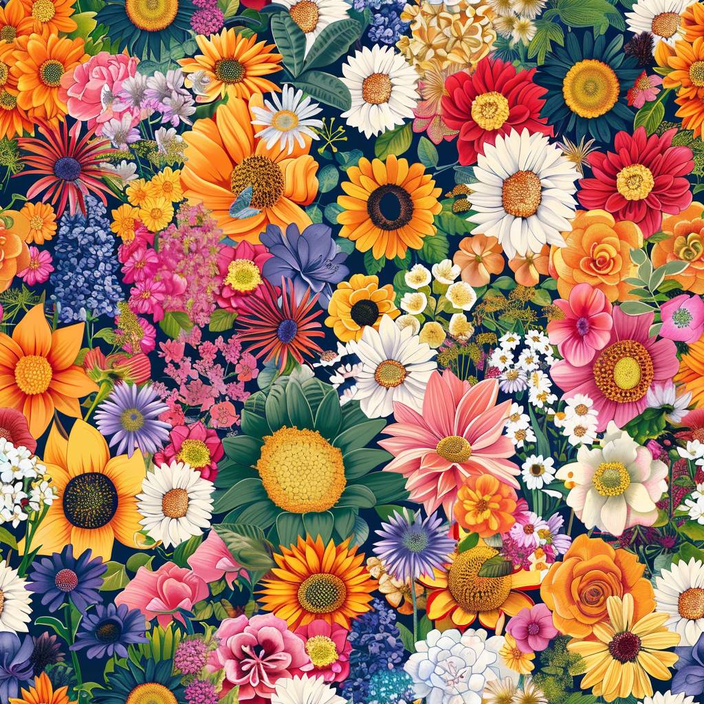 A patchwork of summer flowers, including sunflowers and daisies, in a bright, seamless garden pattern.