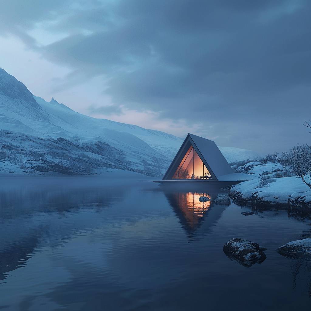 Envision a tranquil scene where a solitary triangular cabin with a warm, glowing interior sits at the edge of a calm, reflective lake. The scene is set in the deep twilight of a winter evening, with the surrounding landscape blanketed in snow. Steep, snow-covered mountains loom in the background, enhancing the isolation and serene beauty of the cabin. The sky is a deep shade of blue, indicating the late hour, and the cabin's reflection on the water creates a symmetrical image of warmth in the cold environment.