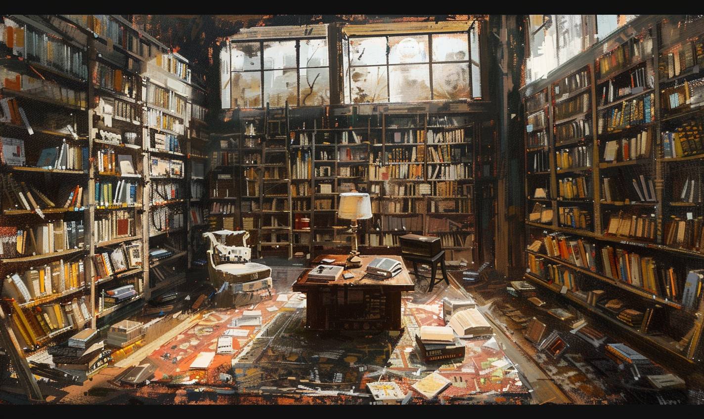 クラレンス・ガニョンのスタイルで、終わりのない本棚のある永遠の図書館 --ar 5:3  --v 6.0