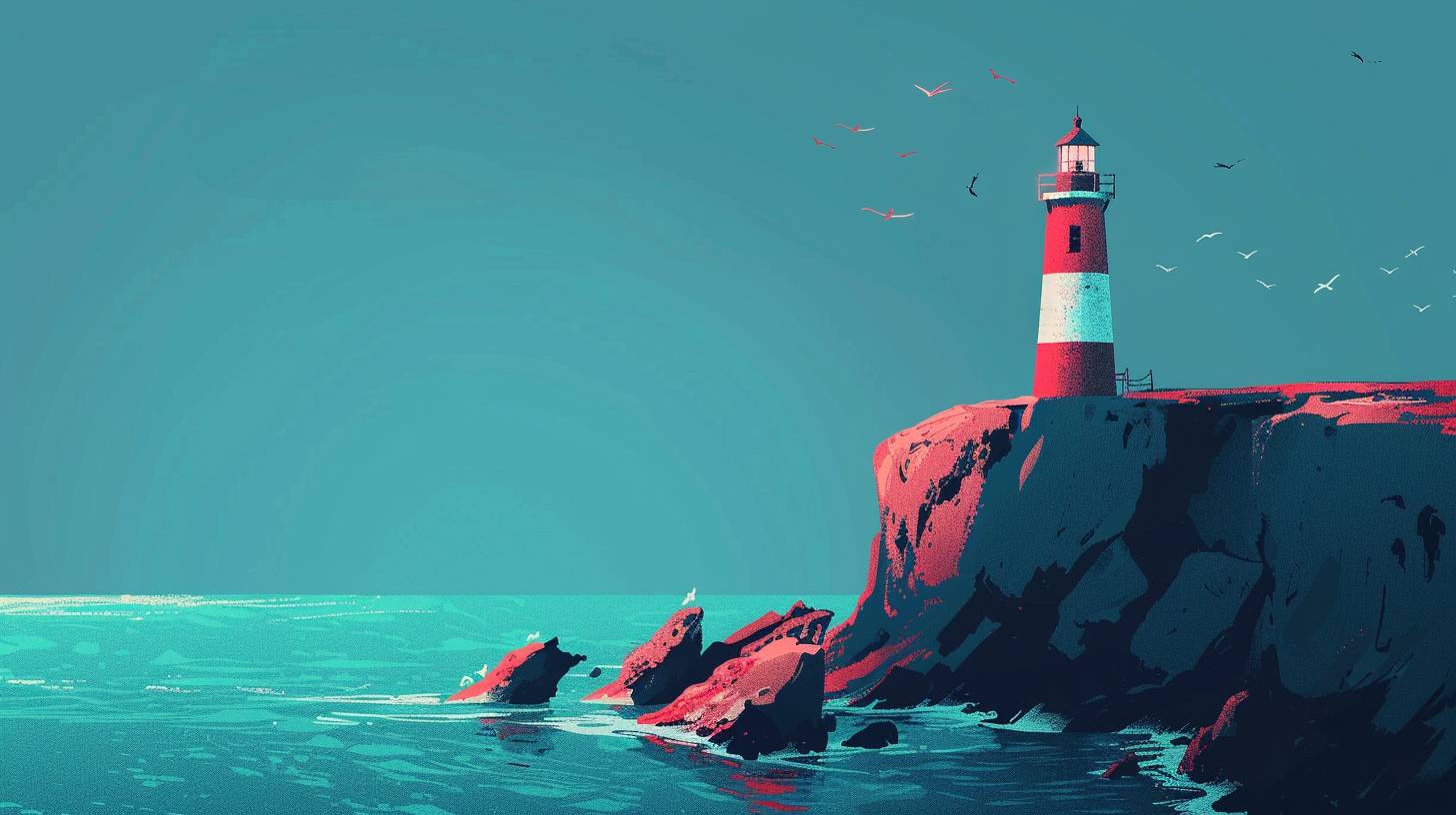 A solitary lighthouse on a cliff in 'Vibrant Void', juxtaposing vibrant beacon red with a sense of emptiness, using ocean blue and beacon red --style raw --aspect ratio 16:9 --version 6.0