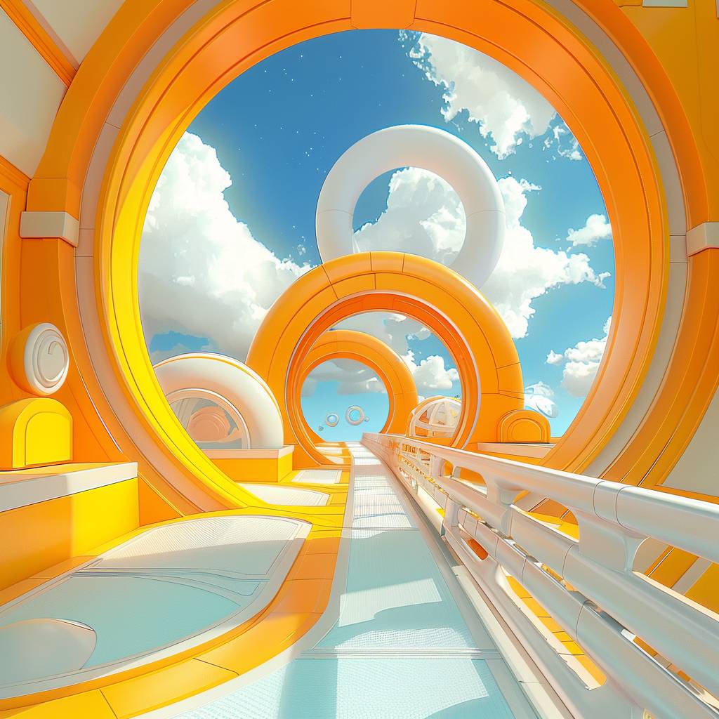 The space station is a 3D visualization of a futuristic space station, in the style of playful cartoon illustrations, yellow and orange, vibrant stage backdrops, expansive skies, bright palette, sky-blue and white, circular shapes