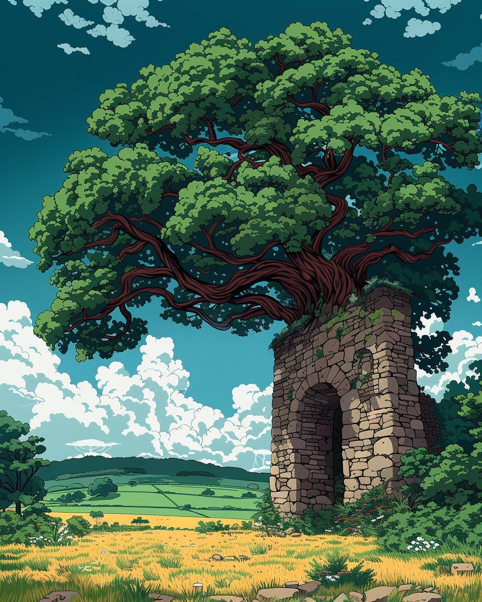 A cartoon of Matt Bors, fine linework, minimalist, vibrant, simple, clean, subdued, refined, stone archway, a huge arched redwood tree on a field, profound and mysterious, detailed clouds and sky, minimal pastel tones, retro anime style, Moebius-style art, in the art style of Studio Ghibli