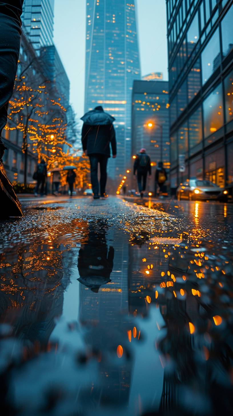 Minimalist architecture made of concrete, with holes as windows, people walking on the street reflecting in a wet road, rain, office building, raw style