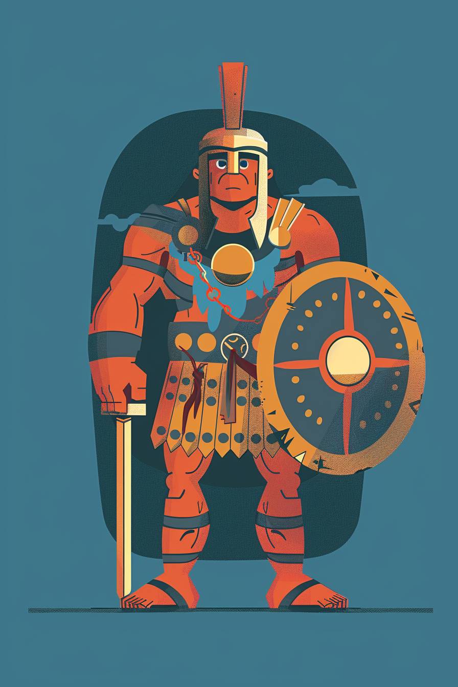 Warrior character in the style of Chris Ware, full body, flat color illustration