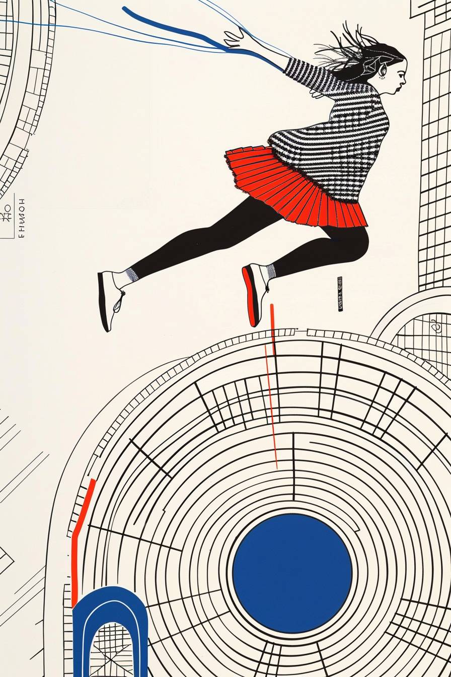 A drawing of a woman flying in a circular tunnel