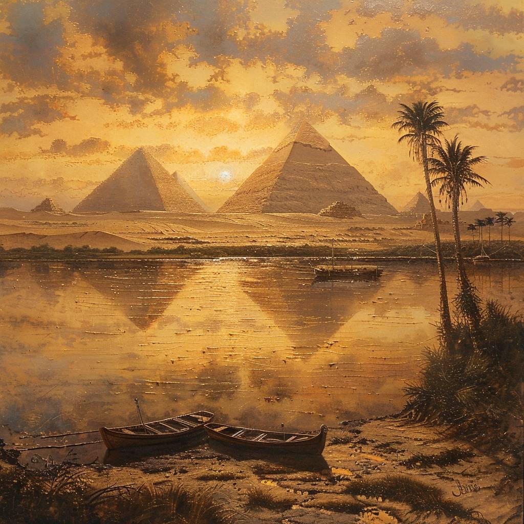 A tranquil morning in ancient Egypt with the sun rising over the pyramids, casting a golden glow on the desert sands, and the Nile River sparkling under the first light of day as fishermen prepare their boats.