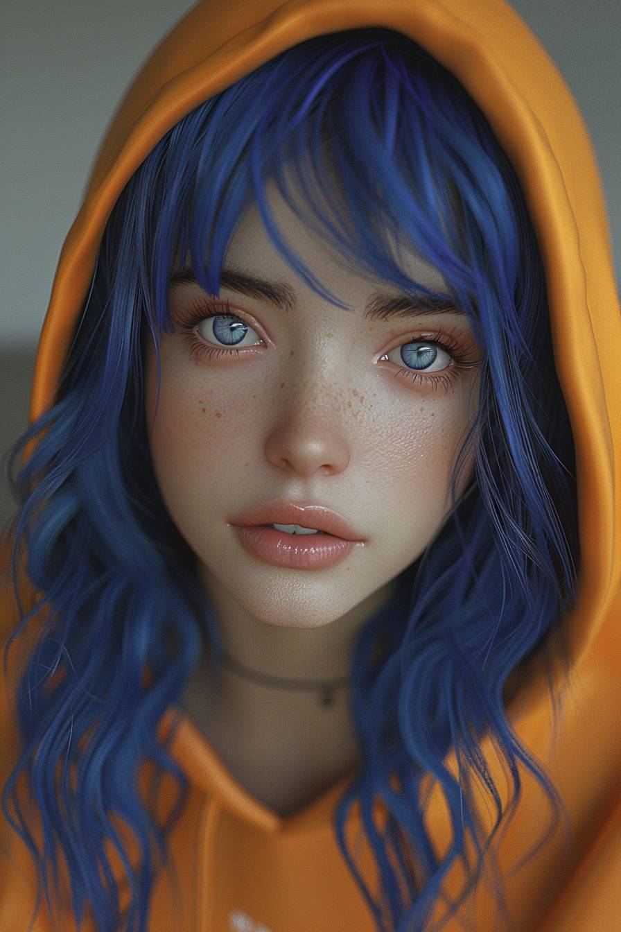 Stunning anime character with waist-length cobalt blue hair, donning a vibrant hoodie. Her eyes gently glow, with a lifelike facial expression, captivating Daz3D style, and psychedelic realism.
