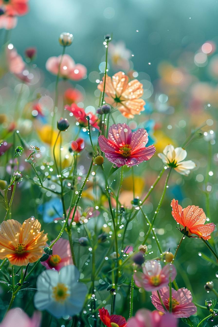 春の朝、豪雨後、モネの庭園に咲く1000輪の透明な野の花をリアルシーン撮影しました。透明な花びらには澄みきった露水、リアリティのある花には澄んだ水玉がある。花々を通じて色とりどりでロマンチックな光芒が漂っている。モネ庭園のスタイルは魔法のようで美しく、夢のようです。高精細撮影は宮崎駿監督によるもので、HD --ar 2:3 --stylize 250 --v 6.0