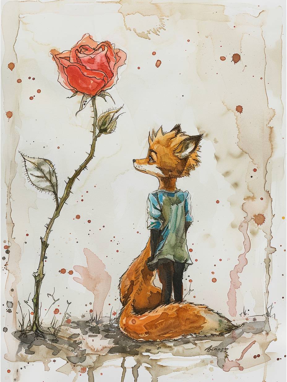 A nursery style watercolor sketch painting of The Little Prince and his Fox and Rose on it --ar 3:4 --stylize 50 --v 6.0