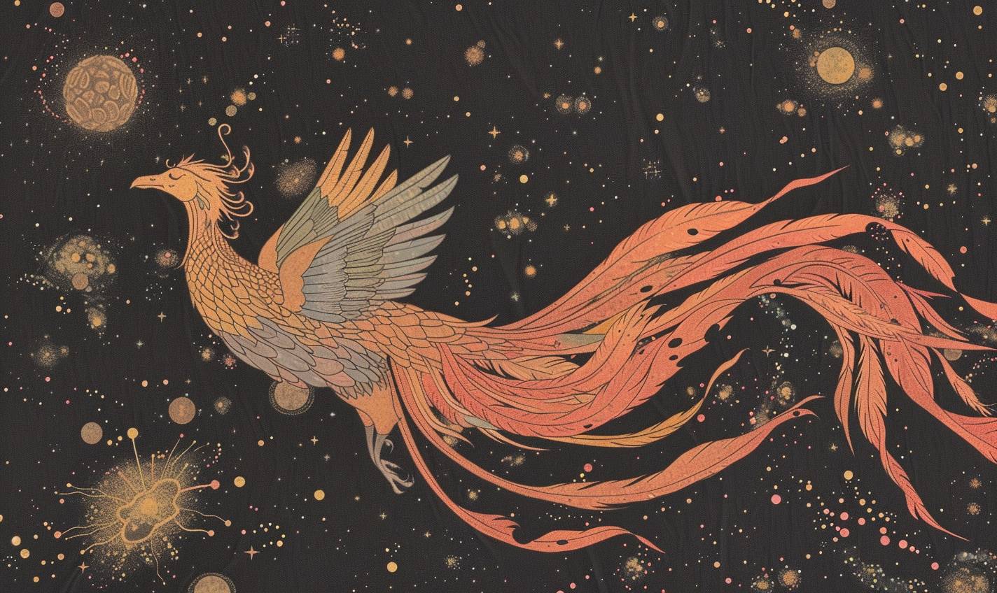 ハリエット・リー＝メリオンのスタイルで、宇宙を滑る宇宙の不死鳥