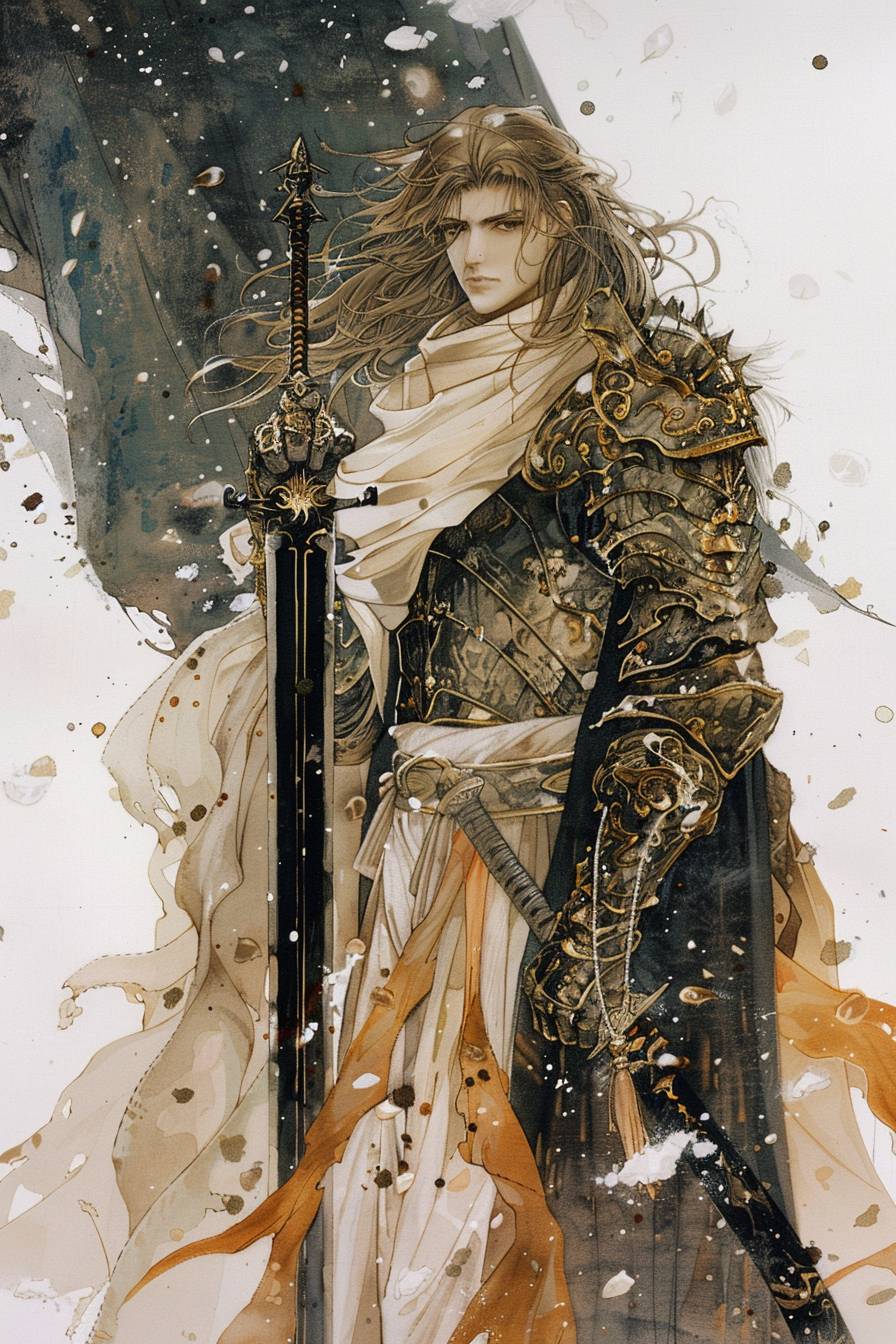 Medieval warrior, Yoshitaka Amano, white background, Die Brücke, white and amber
