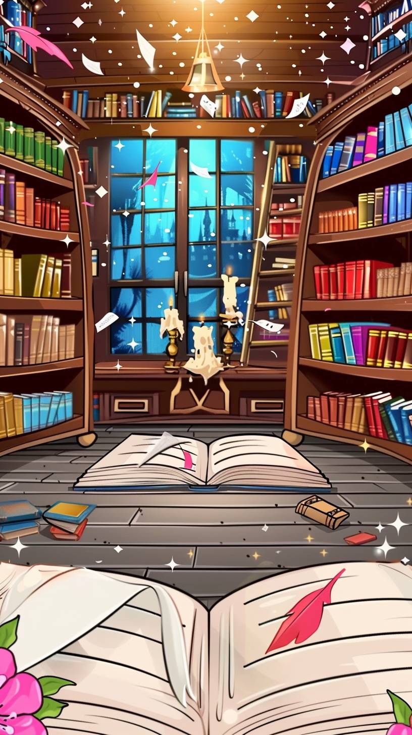 Magical library with towering bookshelves, floating books, warm candlelight, ancient tomes and scrolls, mysterious ambiance