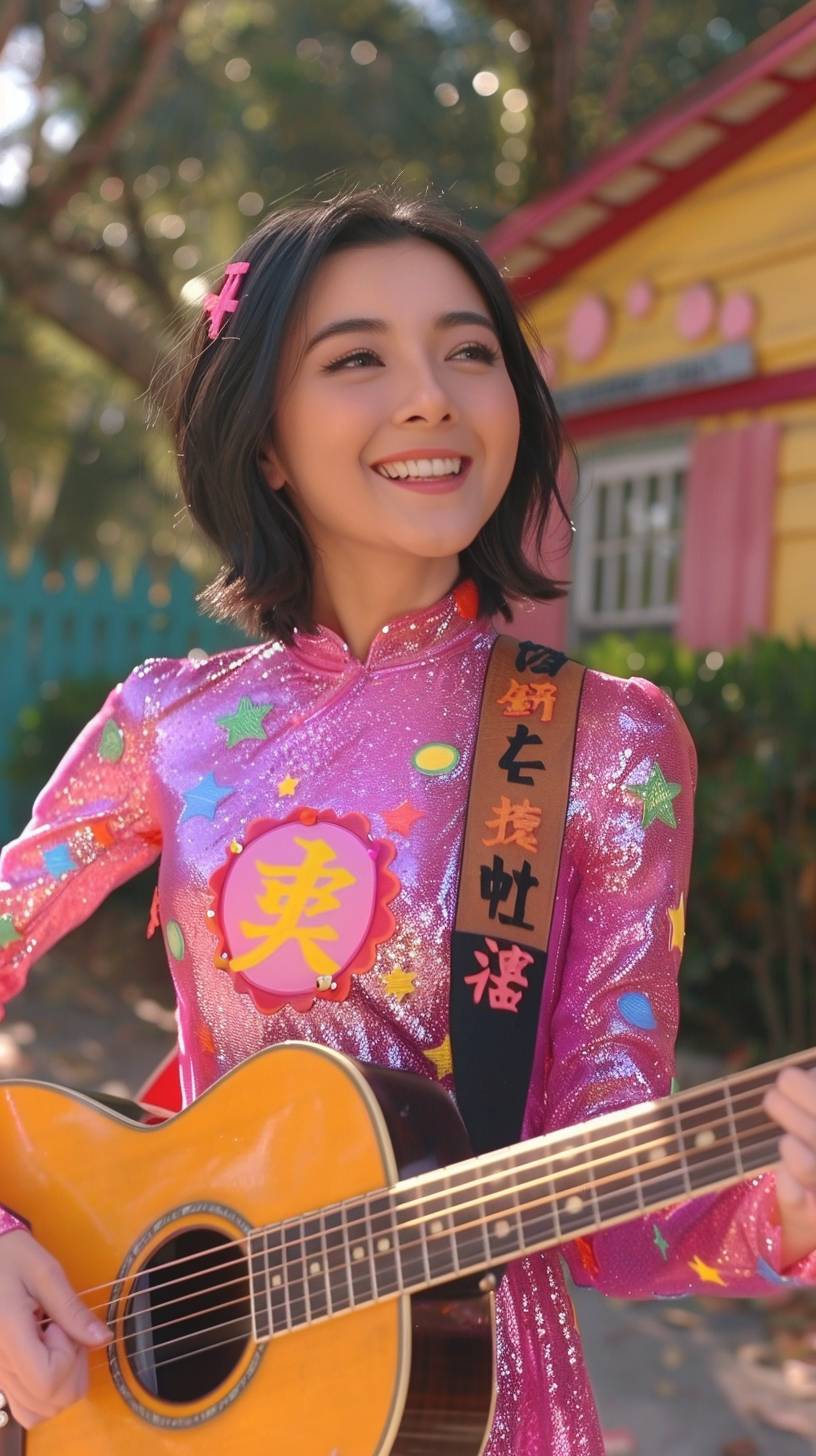 Full body shot, a rock & roll concert, a happy and beautiful Chinese rock girl with short black hair, playing the guitar in a mini dress, on a sunny day, in a happy scene. Smiling, very realistic, ultra HD, creating a tense and dynamic atmosphere.