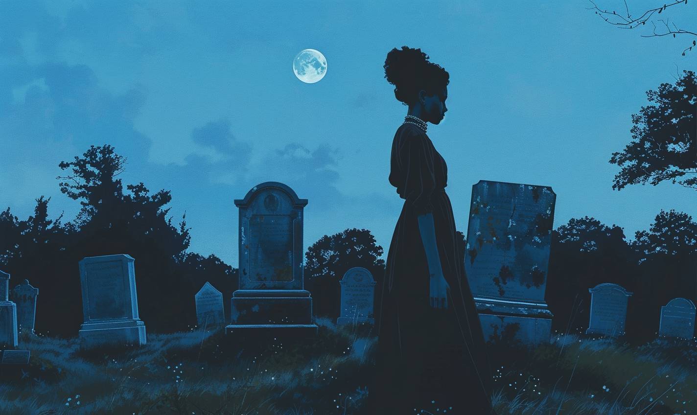 In the style of Amy Sherald, an eerie cemetery on a moonlit night