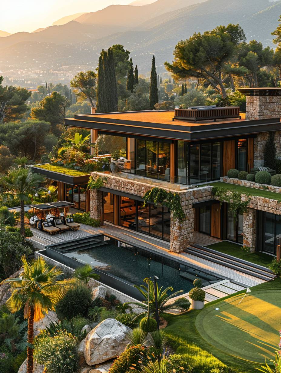 Imagine a hyper-realistic real-life aerial view: a modern mansion designed by SAOTA architecture, with a modern golf buggy fleet parked outside, against the panoramic backdrop of a golf course. The image has a pixel resolution of 8K.