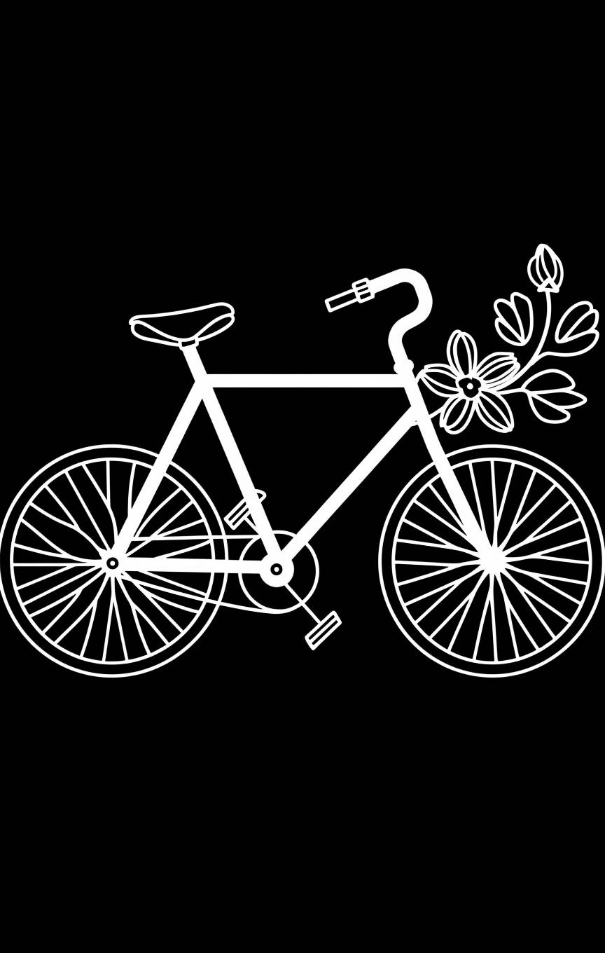 Create a minimalist line art illustration design featuring a white outline of a bicycle with flowers line icon vector on a solid black background. The bicycle should have clean, continuous lines, highlighting its simple yet classic form. Isolated contour symbol white illustration