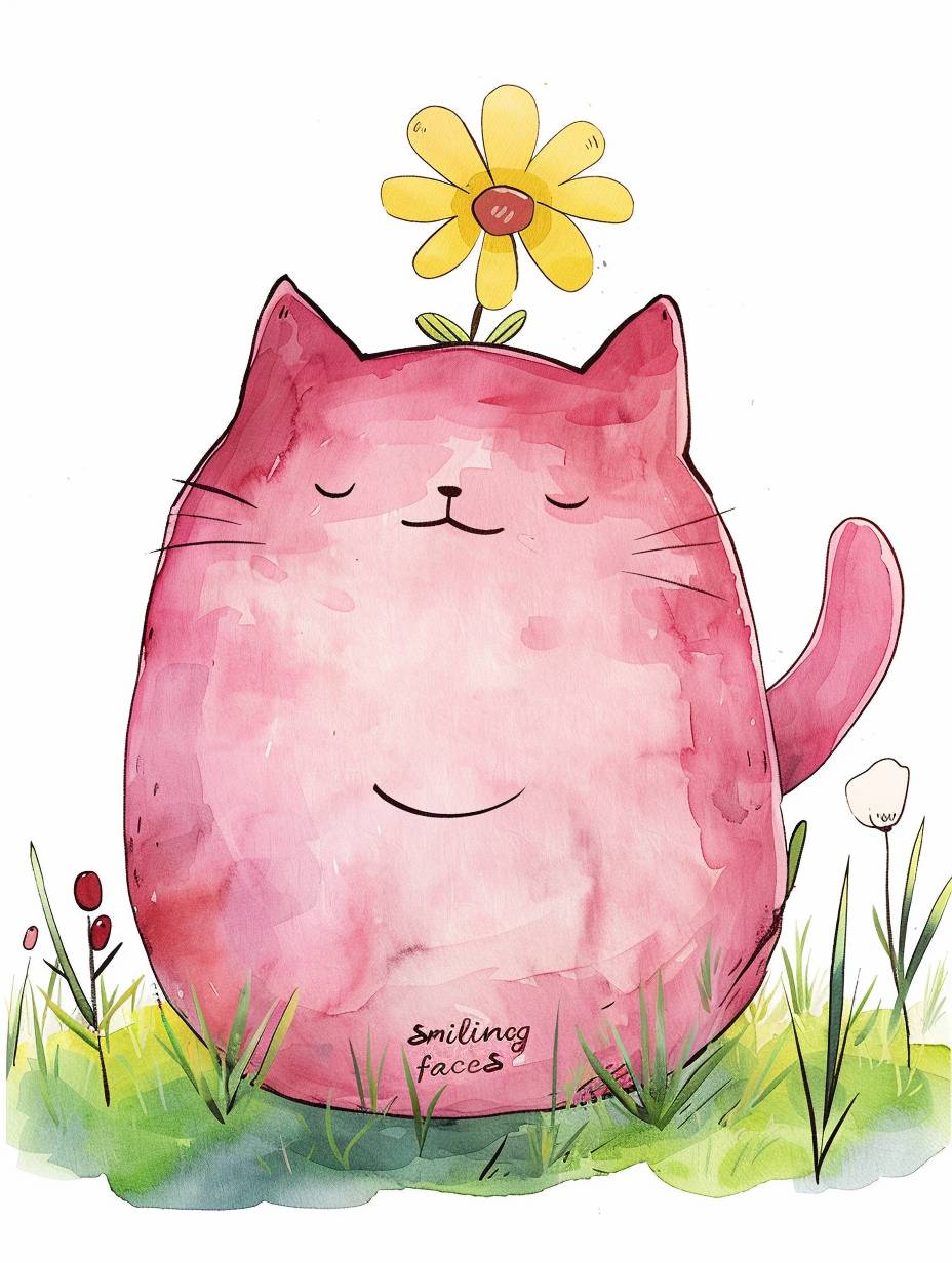 A cute pink cat with a yellow flower on its head, a chubby body, a simple doodle, a cartoon character in the style of L Round with a minimalist illustrator style, a playful and cheerful illustration, using an ink wash technique, bold lines, a clean white background, a colorful Moebius, using watercolor techniques to create a happy face, a fat body with a big belly, standing in a grassy field, isolated, text 'smiling faces' on the bottom of its body, isolated.