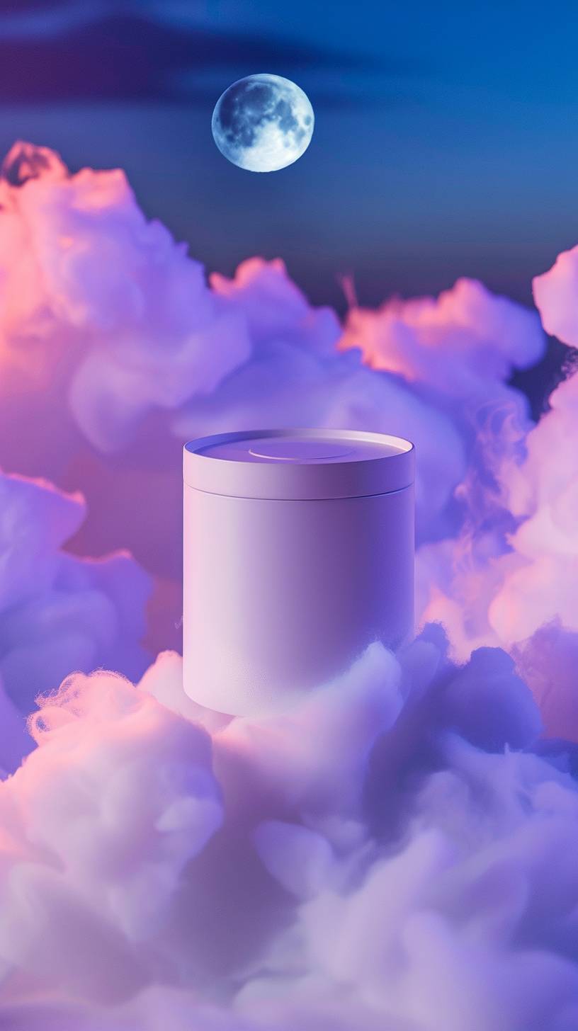 Crisp plain white cylinder container, slightly tilted towards the camera, positioned front and center of the frame. The container is close to the camera, floating in clouds with a half moon in the background. Clouds surround the container against a mystical, blurry background depicting nighttime ambiance. Beautiful night time vibes with purple and blue hues, stunning midnight imagery, dynamic and explosive freeze motion shot with striking lighting. Shot with a 50mm lens, showcasing depth of field background. Immaculate, exciting, hyper-realistic product imagery captured with a Canon 1DX camera.