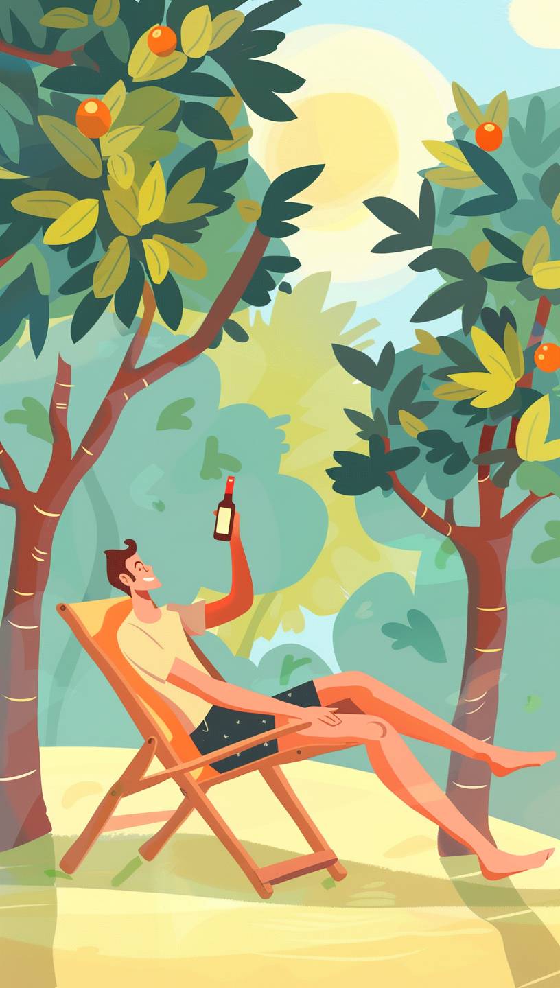 ハンサムで細身の男性が木陰のデッキチェアに横たわり、手には飲み物のボトルを持ってリラックスしています。鳥瞰図によると、背景には緑の木々が並び、太陽がまぶしく輝いており、夏を感じさせる雰囲気を醸し出しています。シンプルな線、鮮やかな色彩、フラットなスタイルのカートゥーンキャラクターが特徴です。