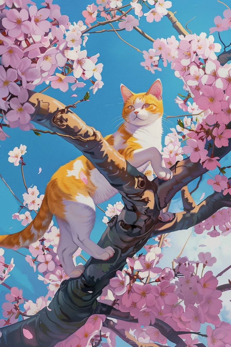 A yellow and white cat is standing on the branch of a cherry blossom tree, surrounded by blooming pink flowers. The sky above them reflects a bright blue hue, creating a dreamy atmosphere. This painting evokes a sense of tranquility and beauty in the style of Anime.