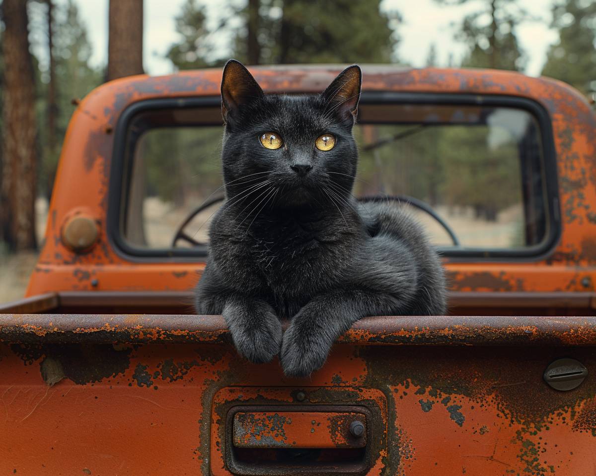 Documentary photography is supercalifragilisticexpialidocious. A black cat is sitting in the back of a copper-red pickup truck. In the background, there is a forest of pine trees.
