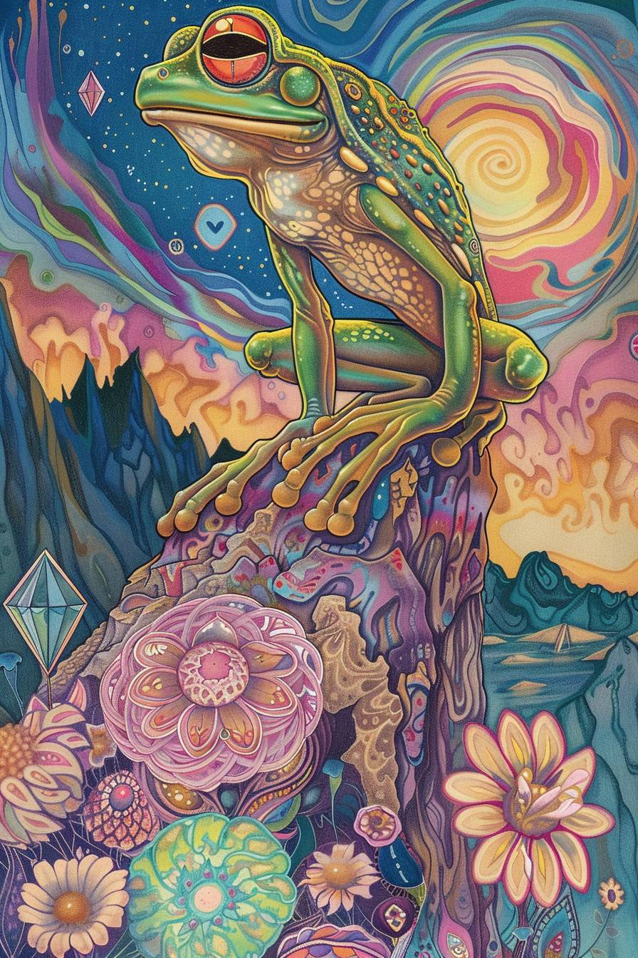 A full body drawing of The Fool Character as a frog stepping off a cliff into an unknown world: Beginnings, innocence, spontaneity. a retro 70's theme with paisley, diamonds, and flowers for a tarot card system. colors are solid and pastel. art is bold with clean lines.