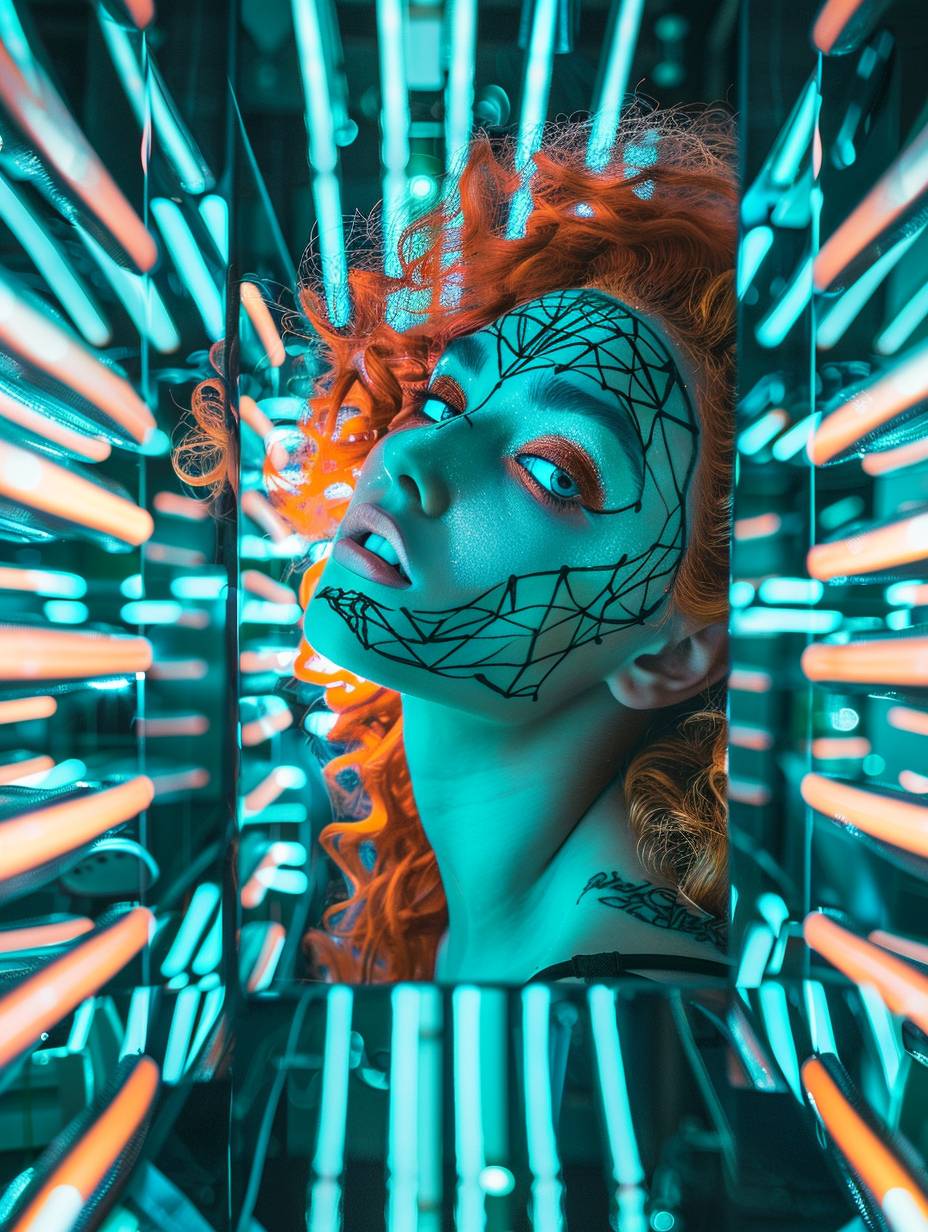 A young woman with vibrant neon hair and geometric Art Deco patterns painted on her face, posing in a surreal, dream-like setting with mirror-like floors and walls reflecting her image.