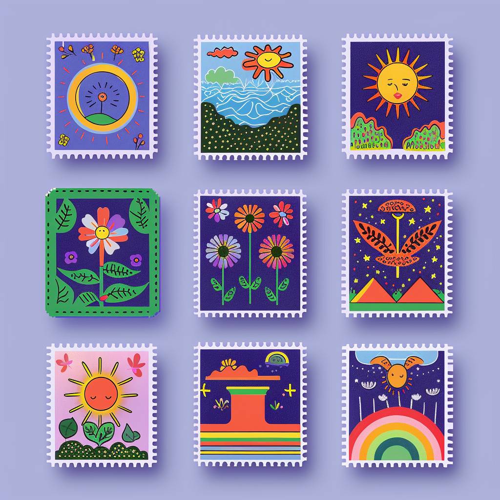 A grid of colorful postage stamps with bold shapes and patterns, including flowers, suns, rainbows, geometric forms, and abstract designs, are arranged in an orderly fashion on a blue background. The design is in the style of a flat vector illustration with clean lines and vibrant colors. It has a modern graphic art feel, suitable for use as artwork or packaging decoration.