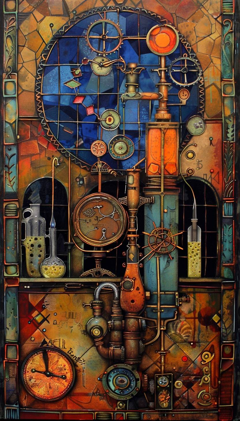 In the style of Laurel Burch, a steampunk lab brimming with mechanical marvels --ar 4:7 --v 6.0