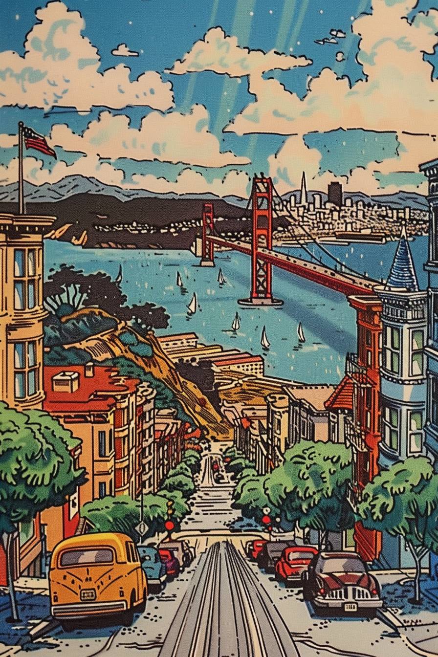 Beautiful San Francisco, illustrated by Hergé, style of Tin Tin comics, pen and ink, beautiful colors, attention to detail