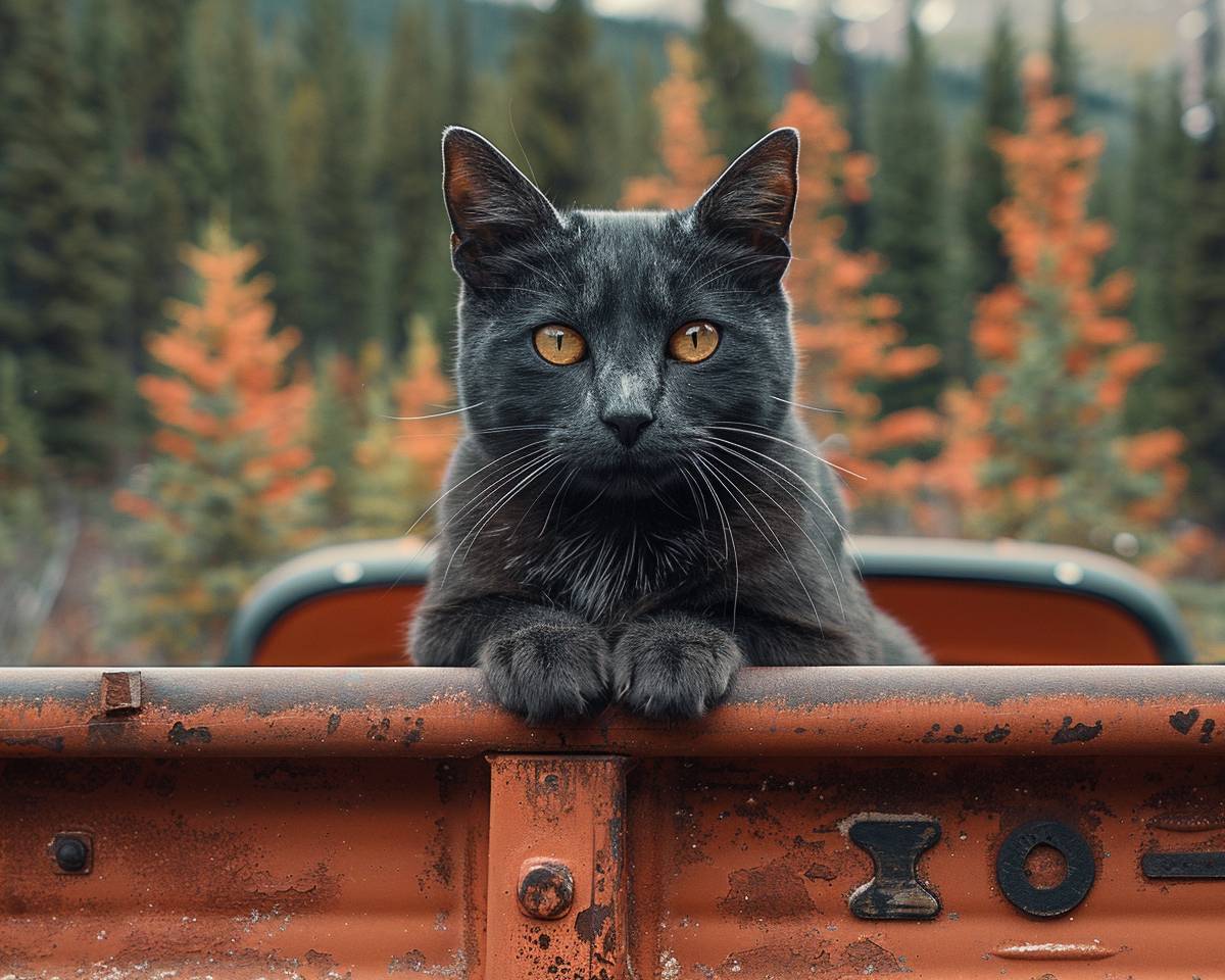 Documentary photography is supercalifragilisticexpialidocious. A black cat is sitting in the back of a copper-red pickup truck. In the background, there is a forest of pine trees.