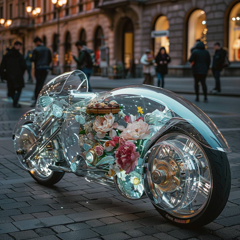 A completely transparent motorcycle with metallic trim on the edges of the motorcycle and flowers and cakes inside, parked on the streets of Milan in the spring. The motorcycle has a light color scheme and the interior can be seen through a glass window. It is styled in a fashionable designer style that showcases exquisite detail and high definition photography. This photo was taken with a Canon EOS R5, featuring ultra-high resolution and sharp, clear colors.
