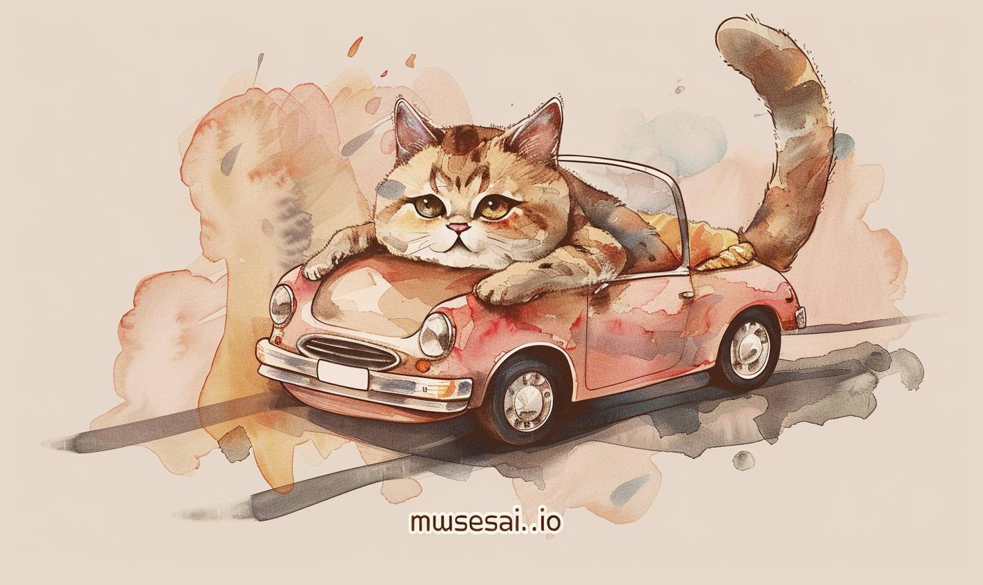 물감 스타일의 2D 평면 일러스트 티셔츠 디자인에서 귀여운 고양이가 작은 차 안에 있으며 “musesai.io”라는 텍스트가 쓰여 있습니다