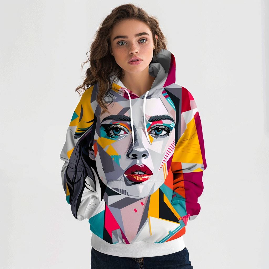 A young and stunning woman with vibrant, abstract expressionist pop art hoodie, featuring bold colors and geometric shapes inspired by the pop art movement.