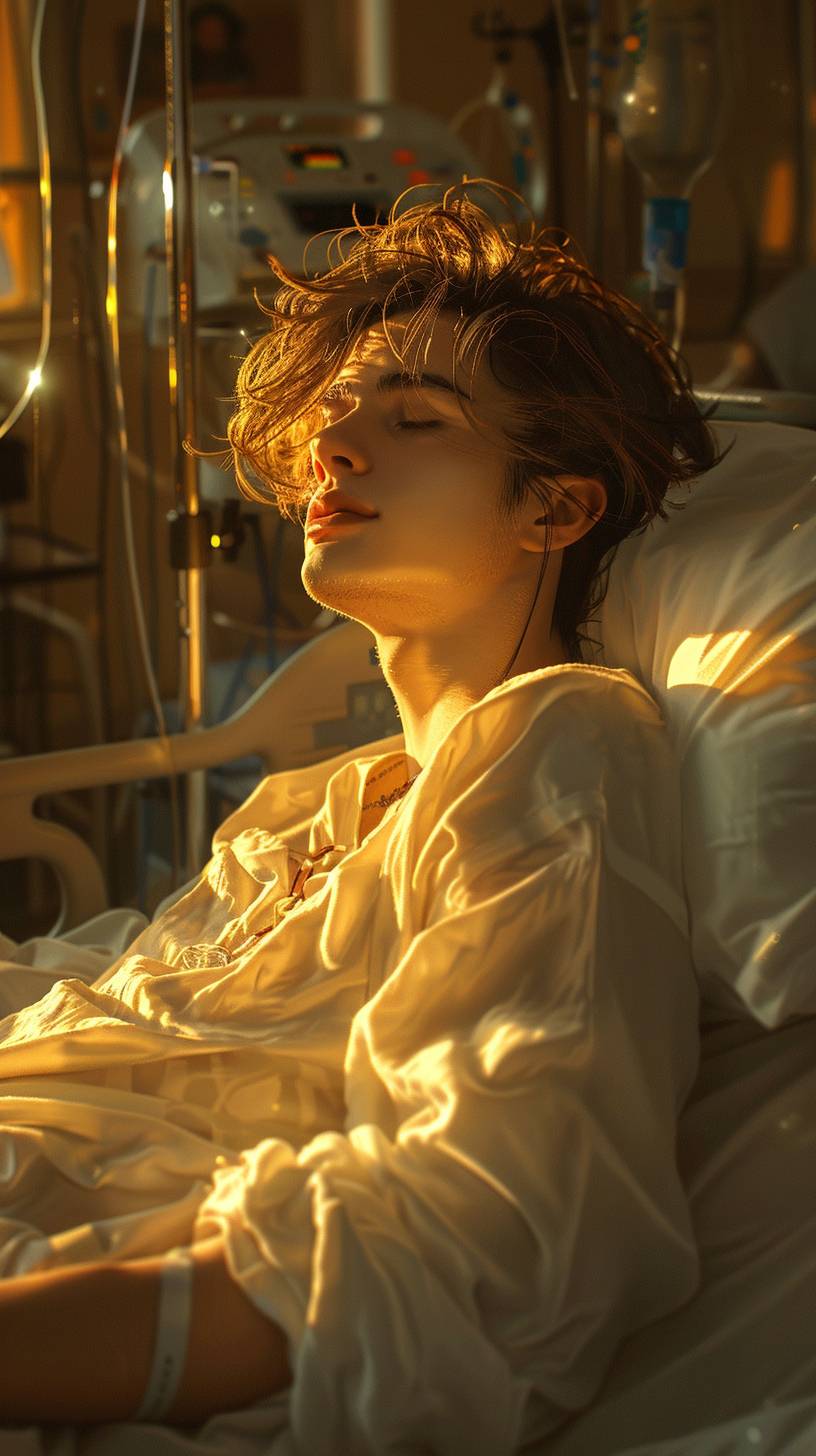 A super handsome teenage boy, lying on a hospital bed, eyes closed, with a ward in the background, super realistic style.