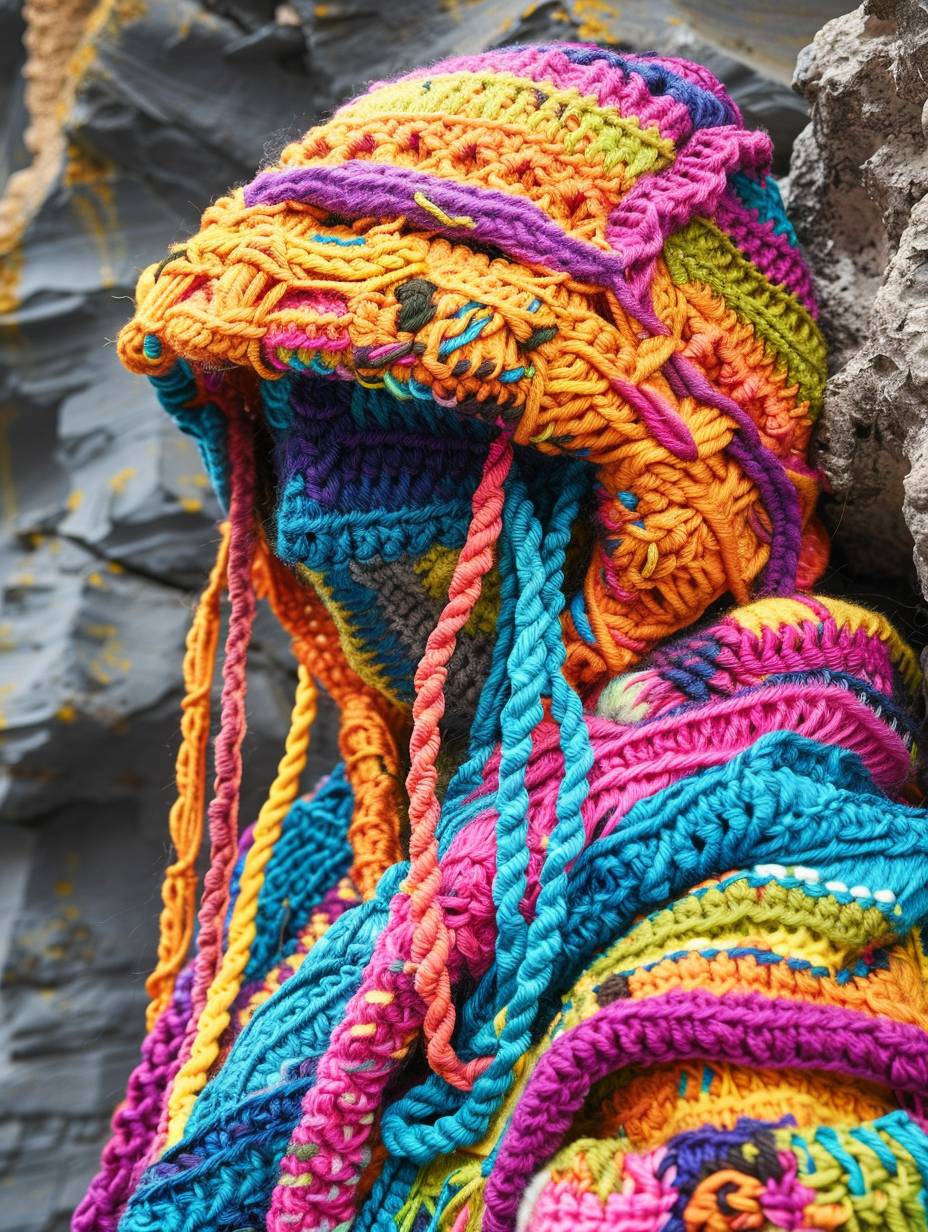 This is a piece made of colorful yarn crochet, in the style of yarn bombing, guerrilla knitting, woolen knitwork.