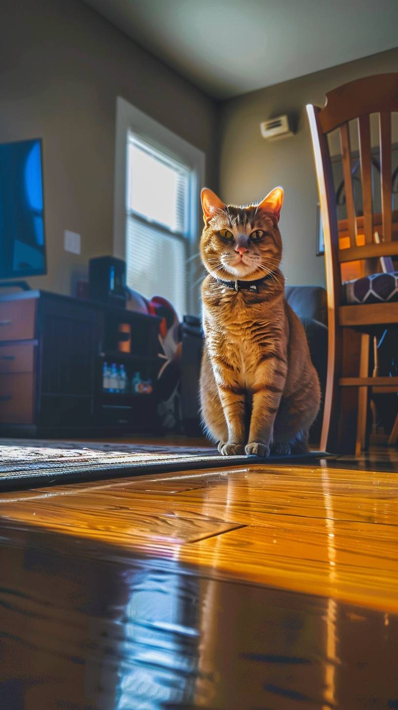 部屋の中で携帯電話で撮影されたオレンジ色の猫の写真